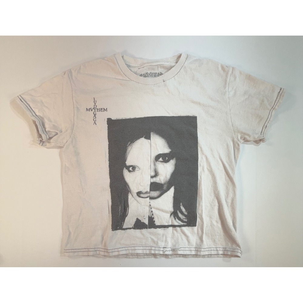 Lady Gaga Haus of Gaga Mayhem Graphic T-Shirt White Gothic Split Face Small